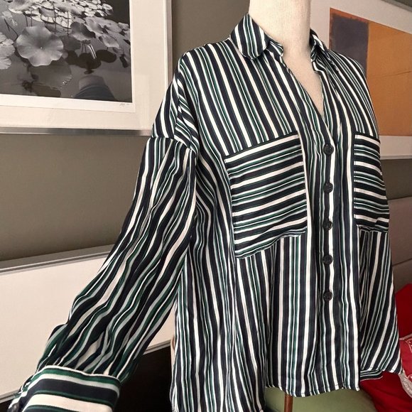 Free People Loose Blouse in Blue/White/Black Stripes SMALL - W558 - Picture 4 of 10